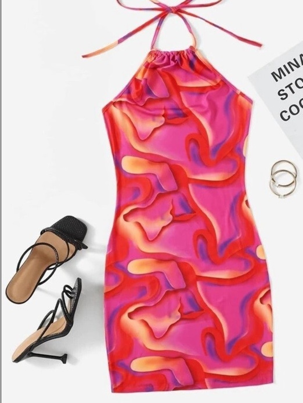 SHEIN Pink & Red Swirl Halter Mini Dress